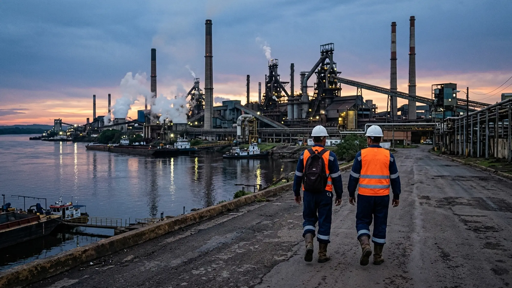Dos trabajadores con casco y chaleco caminan hacia una planta industrial a orillas del Orinoco al amanecer.