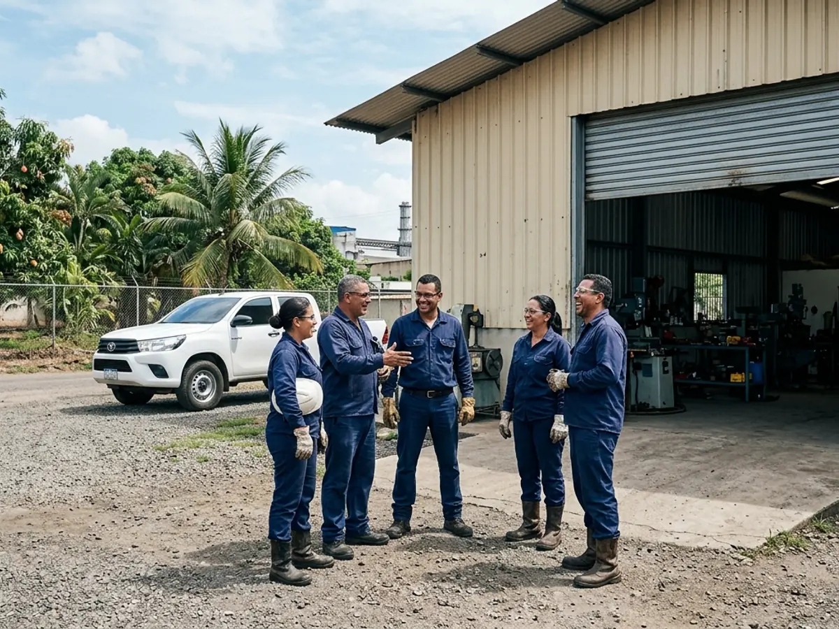 Equipo de BELT conversando frente al galpón de la sede, con una camioneta estacionada.